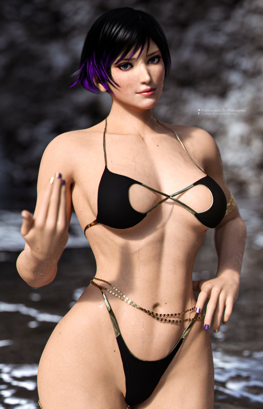 1girls 3d abs athletic_female beauty_mark belly_button bikini black_and_purple_hair blurry_background female female_abs female_only fit_female front_view hand_gesture human human_only jewelry looking_at_viewer midriff multicolored_hair namco outside reina_mishima solo solo_female standing steffih_daz swimsuit tekken tekken_8 three-quarter_portrait url wet