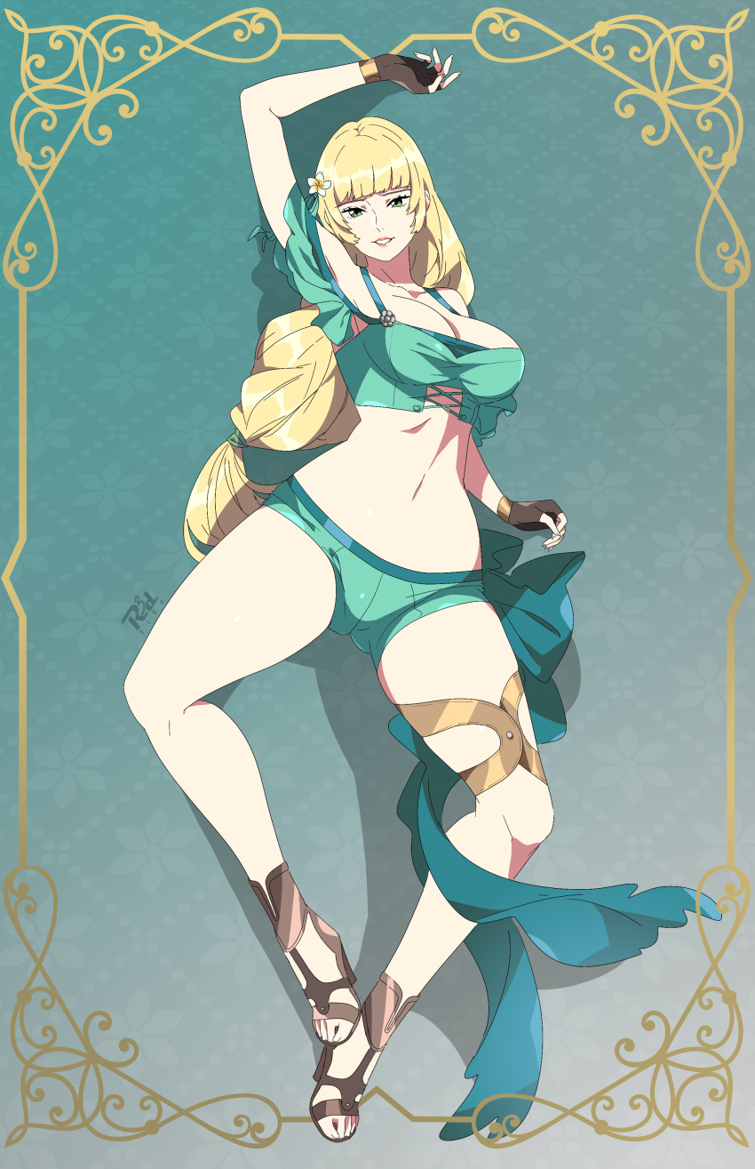 1girls alternate_costume ass_visible_through_thighs bikini blonde_hair braid breasts female female_only fire_emblem fire_emblem:_three_houses fire_emblem_heroes green_bikini green_eyes green_swimsuit ingrid_brandl_galatea ingrid_brandl_galatea_(summer) large_breasts long_hair looking_at_viewer nintendo official_alternate_costume on_back r3dfive solo spread_legs swimsuit very_long_hair yellow_hair