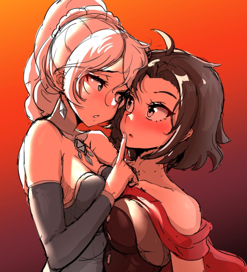 2021 2girls black_hair blue_eyes blush braid braided_hair breast_size_difference breasts cleavage dress eye_contact female finger_to_mouth grey_eyes imminent_kiss long_hair looking_at_another looking_at_partner medium_breasts necklace oxenia realistic_breast_size ruby_rose rwby short_hair shoulderless_dress simple_background small_breasts warm_colors weiss_schnee white_hair yuri