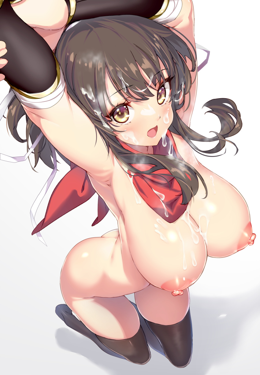 2024 absurdres armor armpits arms_up asuka_(senran_kagura) bandaged_arm bandages black_hair black_thighhighs blush breasts brown_eyes bukkake cum cum_on_body cum_on_breasts cum_on_clothes cum_on_hair cum_string facial female gradient_background grey_background hair_ribbon highres hong_(white_spider) japanese_armor kote kurokote large_breasts looking_at_viewer nipples nude open_mouth ponytail red_scarf ribbon scarf senran_kagura senran_kagura_shoujo-tachi_no_shin'ei shiny_skin short_hair short_ponytail solo standing stretching thighhighs tongue white_background white_ribbon