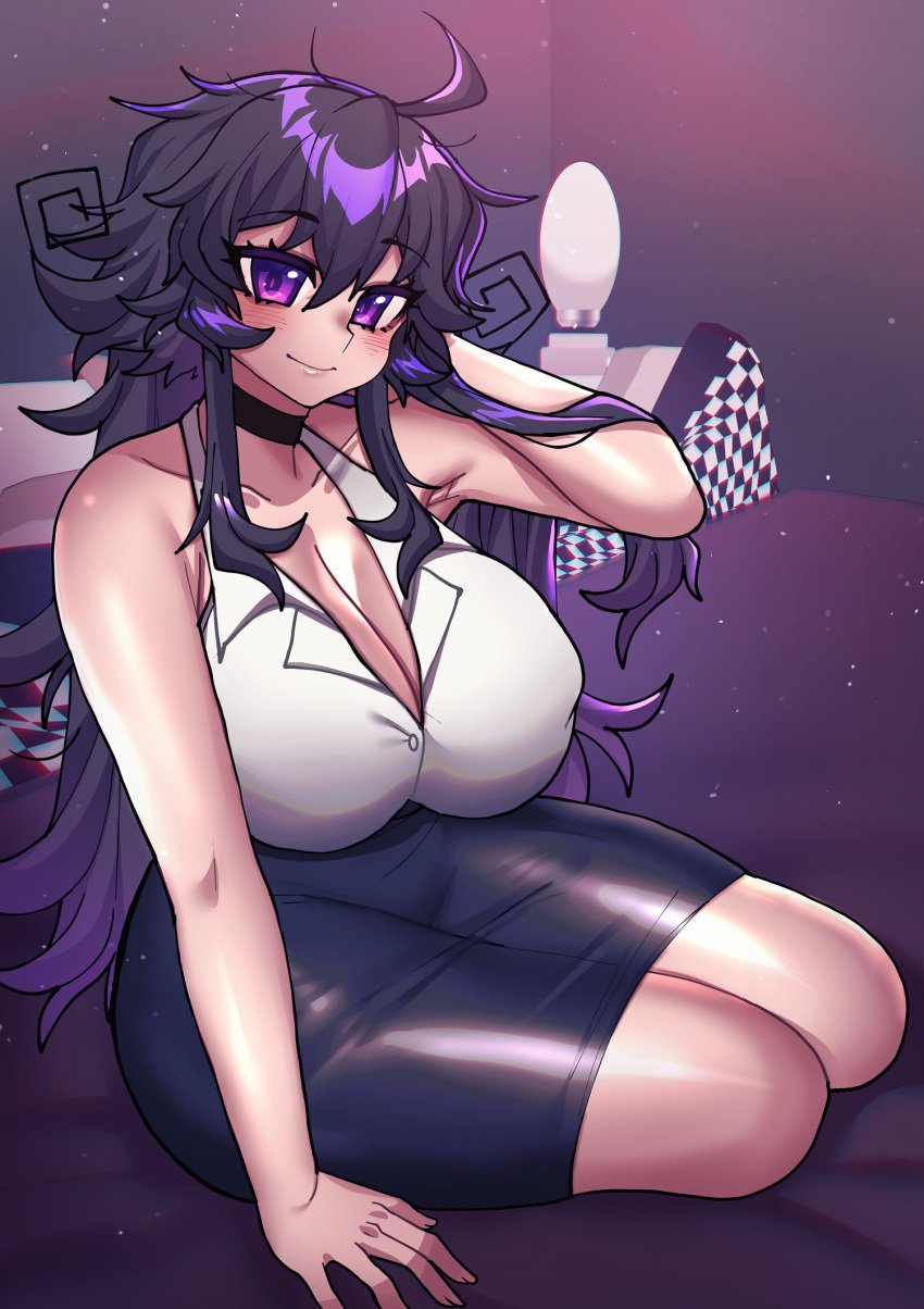 big_breasts black_skirt blush crawling_dreams curvy dark_hair huge_breasts long_hair looking_at_viewer midi_skirt nyarla_(crawling_dreams) office_lady osiimi pencil_skirt purple_eyes sitting skirt skirt_suit thick_thighs tight_skirt