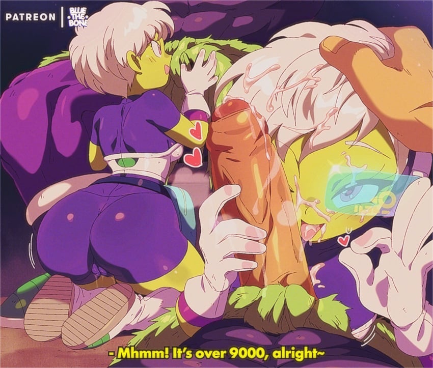 bluethebone broly broly_(dragon_ball_super) cheelai cum_on_face cute_face dragon_ball dragon_ball_super green-tinted_eyewear huge_ass looking_at_viewer ok_sign scouter smaller_female tagme tinted_eyewear