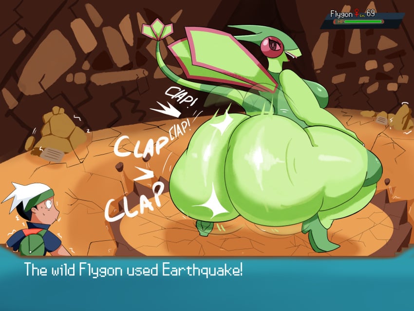 1boy 1girls anthro ass ass_clapping ass_focus assquake big_ass bubble_butt clapping_cheeks crouching dat_ass dumptruck_ass earthquake fat_ass female flygon game_ui height_difference huge_ass human large_ass looking_back mackdazzle male pokémon_(species) pokemon pokemon_(species) squatting text thick_ass thick_thighs twerking wide_hips