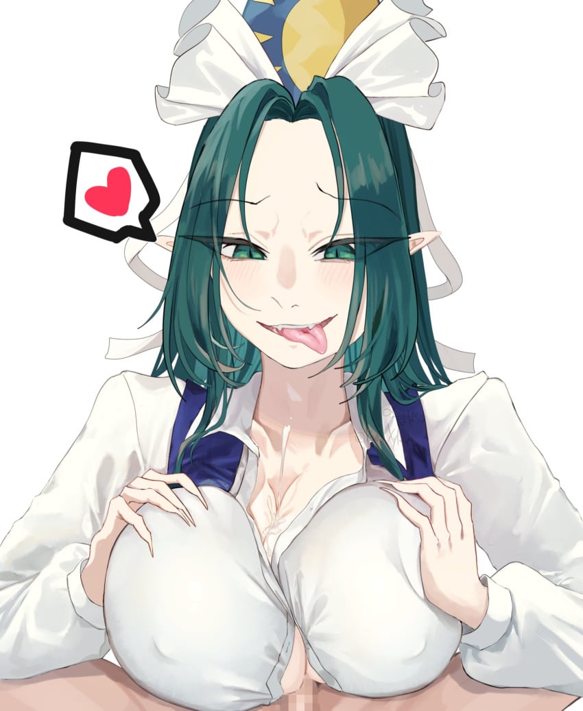 1boy 1girls big_breasts blush breasts censored censored_penis clothed_paizuri clothing cum cum_on_body cum_on_breasts ejaculation ejaculation_between_breasts elf_ears femdom green_eyes green_hair holding_breast huge_breasts kuma_xylocopa light-skinned_female light-skinned_male light_skin long_hair looking_at_penis looking_down lustful_gaze male/female mima mosaic_censoring mosaic_censorship nipple_bulge nipples_visible_through_clothing no_bra paizuri paizuri_lead_by_female paizuri_under_clothes pov sharp_fingers simple_background spoken_heart titfuck titfuck_under_clothes titjob tongue_out touhou