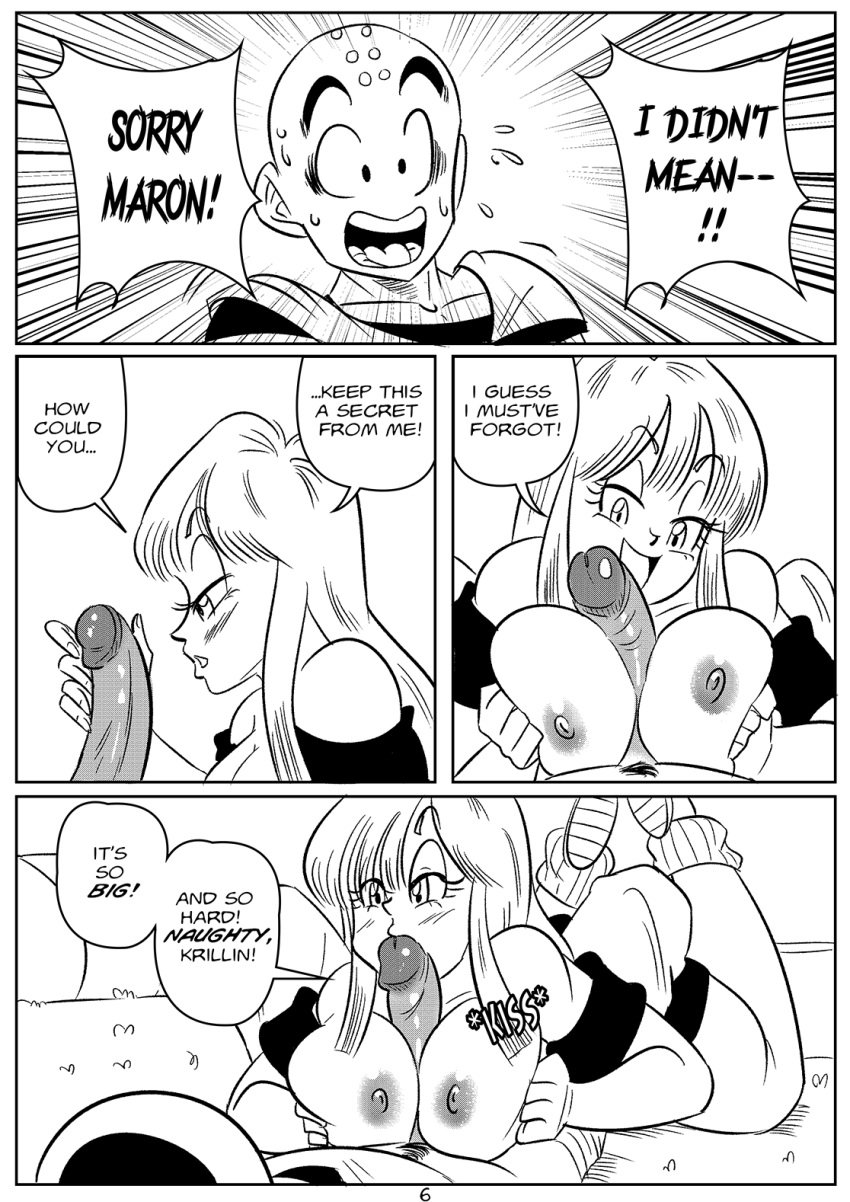 1boy 1boy1girl 1girls bald between_breasts big_penis breasts busty cheating cheating_husband comic dragon dragon_ball dragon_ball_z english_text ex-girlfriend eye_contact female fringe funsexydragonball glassfish hourglass_figure imminent_oral kissing_penis krillin kuririn long_penis male maron midget monochrome oral outercourse page_6 paizuri petite pov shorter_male shounen_jump size_difference straight surprise_visit taller_girl traditional_media_(artwork) veiny_penis voluptuous