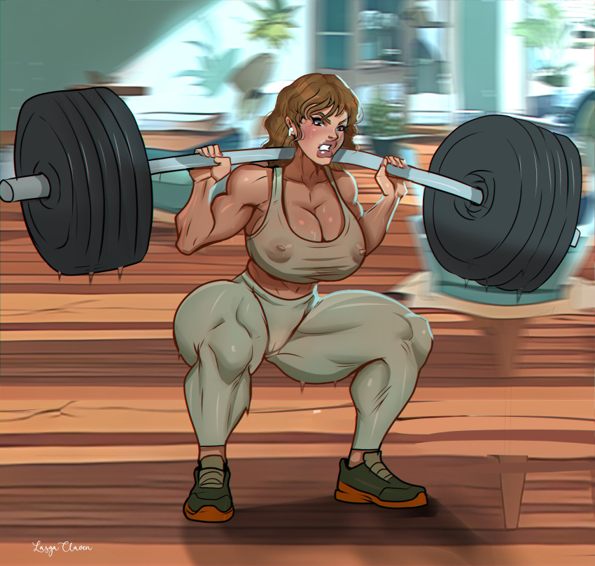 airpods big_ass cameltoe erect_nipples erect_nipples_under_clothes gym gym_clothes gym_uniform large_breasts lasgaclaven muscular muscular_female oppai sweat sweatdrop sweating weightlifting