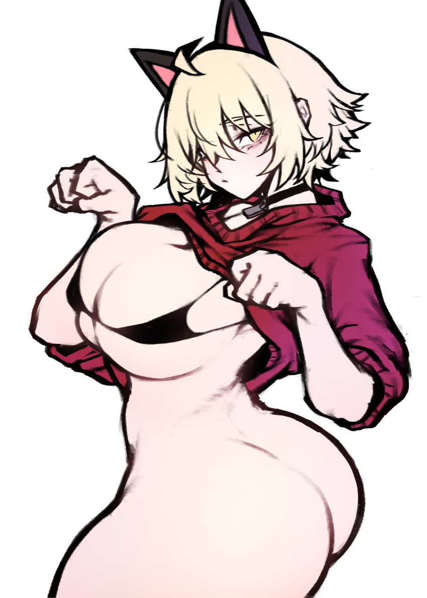 ass babo big_ass big_breasts big_butt bikini_top blonde_hair cat_ears choker chris_(babo) eye_bags female hair_over_one_eye huge_ass huge_breasts huge_butt looking_at_viewer pale-skinned_female pale_skin shirt_lift yellow_eyes