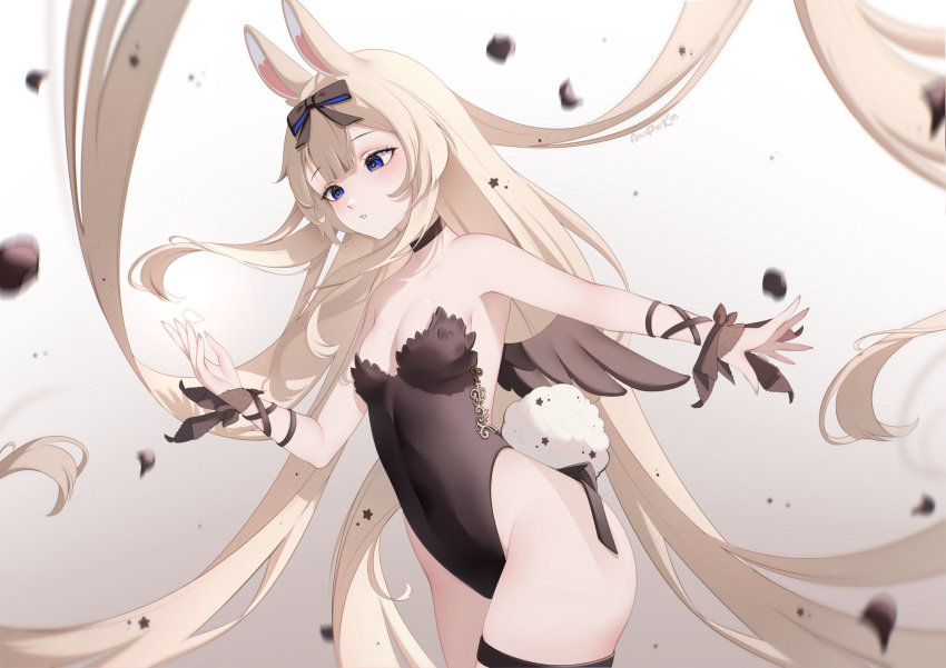 1girl animal_ears bangs bare_arms bare_shoulders black_choker black_legwear black_leotard blonde_hair blue_eyes bow breasts bunny_ears bunny_girl bunny_tail choker cowboy_shot female_only floating_hair hair_bow hair_ribbon leotard long_hair looking_at_viewer parted_lips ribbon small_breasts solo standing strapless strapless_leotard striped thighhighs very_long_hair virtual_youtuber vyugen wrist_ribbon yenko