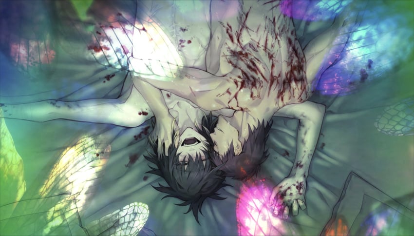 2boys after_sex blood blood_stain blush hand_on_face hardcore male/male male_only murase_takuma_(slow_damage) muscular_male no_visible_genitalia one_eye_closed open_mouth pleasure_face rough_sex scratch_marks scratches scratches_on_back scratching serifuwa slow_damage smile sunlight sweat towa_(slow_damage) viewed_from_above yaoi