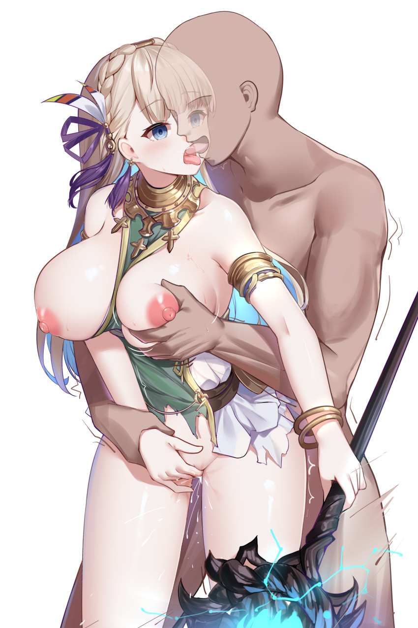 1boy absurdres armlet bald bare_legs bare_shoulders blonde_hair blue_eyes blunt_bangs braid breasts clothed_female_nude_male collarbone cowboy_shot earrings faceless faceless_male feather_earrings feathers female fingering french_kiss grabbing grabbing_another's_breast groping hair_ornament hair_ribbon highres holding holding_staff jewelry kissing large_breasts long_hair masturbation nipples nude open_mouth purple_ribbon ribbon riley_(shadowverse) shadowverse simple_background staff standing straight thick_thighs thighs tongue tongue_out torn_clothes watchdog_rol_(y1104280730) white_background