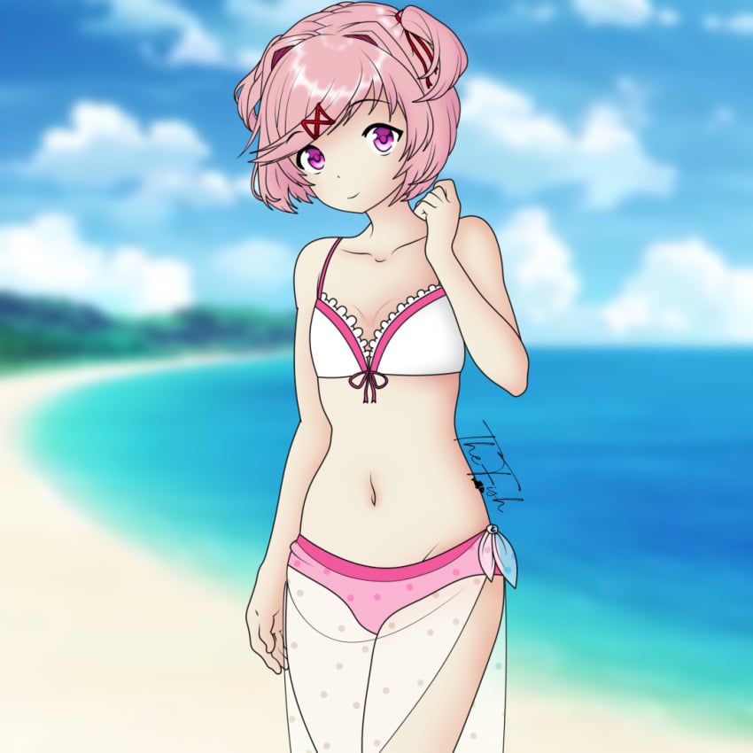 1female 1girls doki_doki_literature_club female girl hair_intakes natsuki_(doki_doki_literature_club) navel pink_eyes pink_hair swimwear thefishart