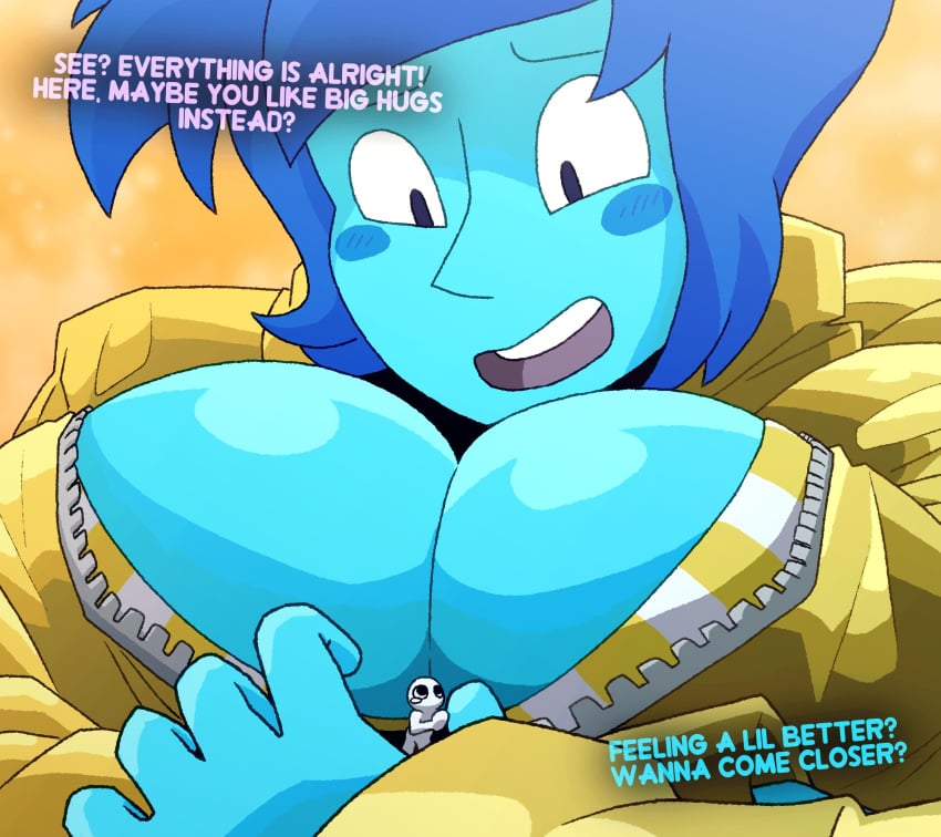 1boy 1girls 2d anon bikini blue_hair blue_skin blush breast_squish buildings cartoon_network clothed_female color comforting featureless_male gem_(species) giantess huge_breasts hugging lapis_lazuli_(steven_universe) larger_female lewdssonk outdoors rain_coat revealing_clothes size_difference smaller_male steven_universe striped_bikini teary_eyes text thesigmaarts