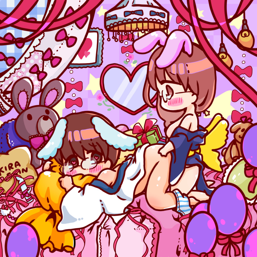 1boy 1futa all_fours anal blush bottomless breasts brown_hair bunny_boy bunny_ears bunny_girl chibi clothed clothing detailed_background doggy_style duo from_behind futa_on_male futanari gintama glasses heart-shaped_pupils human implied_anal implied_futanari kimono kirara_(gintama) kurobuchiine light-skinned_futanari light-skinned_male light_skin looking_at_another looking_back male partially_clothed profile sex shimura_shinpachi short_hair side_view wings