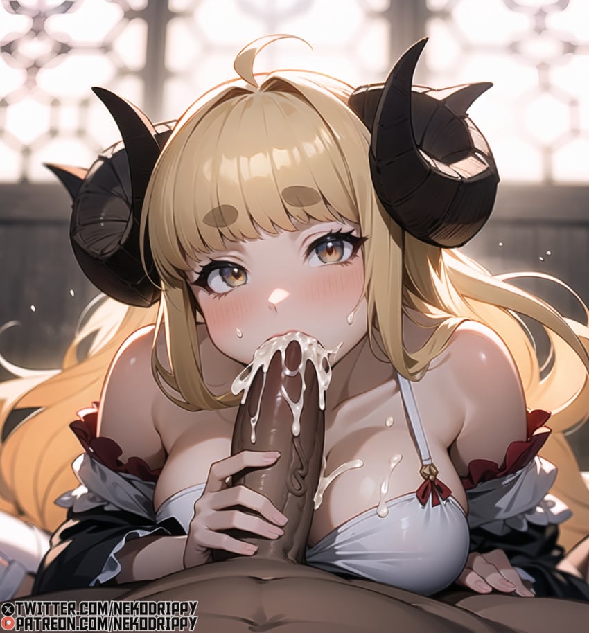 1boy 1girls 2024 ai_generated anila_(granblue_fantasy) balls big_breasts blonde_hair blowjob blush cleavage cum cum_in_mouth cum_on_breasts cum_on_tongue cum_trail cygames dark-skinned_male draph draph_race_(granblue_fantasy) ejaculating_in_mouth ejaculation female female_focus gloved_handjob gloves granblue_fantasy handjob hi_res horns light-skinned_female light_skin long_hair male mouthful narrowed_eyes nekodrippy orange_eyes penis penis_grab stable_diffusion