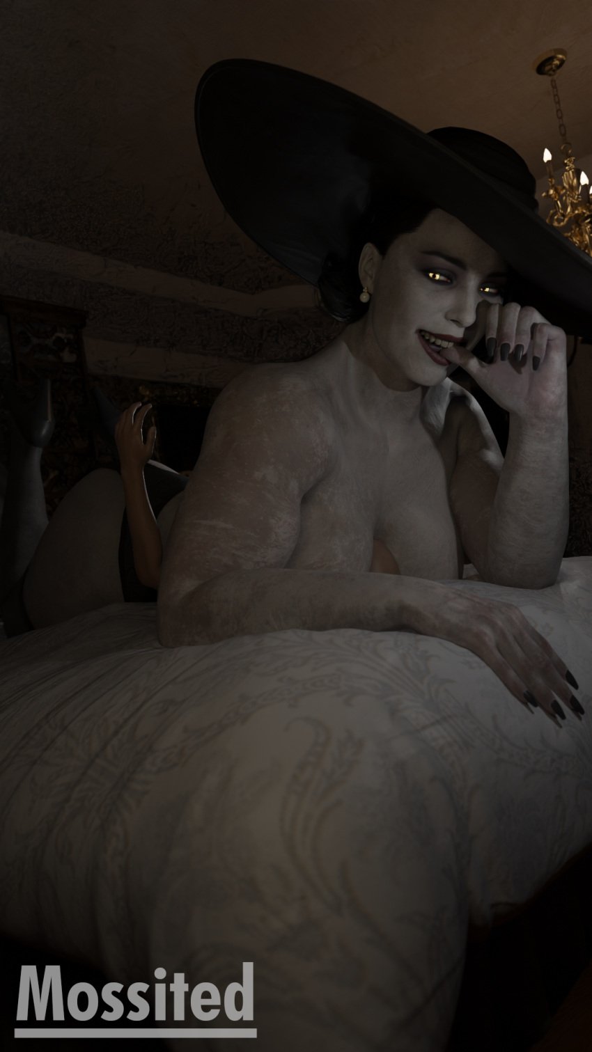 3d alcina_dimitrescu dominant dominant_female facefuck femdom fingernails fingers hat high_heels huge_breasts mature_female milf mossited muscular muscular_female resident_evil resident_evil_8:_village vampire white_body white_skin