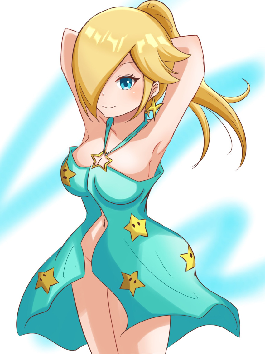 1girls 2d 2d_(artwork) armpits arms_up bedroom_eyes belly_button big_breasts blonde_hair blue_eyes hair_over_one_eye hands_behind_head looking_at_viewer mario_(series) mario_kart mario_kart_tour nintendo no_panties princess_rosalina slight_blush swimsuit swimwear thin_waist yassrosalina