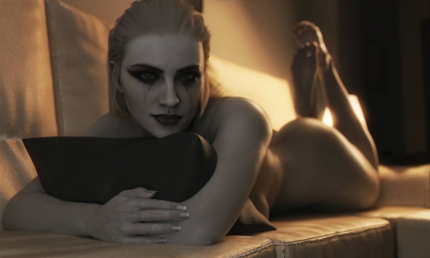 1girls 3d 3d_(artwork) after_sex black_lipstick blonde_female blonde_hair capcom completely_nude_female couch covering_breasts evil_smirk eyeshadow feet feet_up female goth goth_girl goth_milf hugging_pillow looking_at_viewer lying lying_on_bed lying_on_couch lying_on_stomach makeup mature_female milf mommy mother_miranda_(resident_evil) naked_female nude_female pale-skinned_female pale_skin pillow pillow_grab resident_evil resident_evil_8:_village running_mascara runny_makeup slicked_back_hair smirk smirking smirking_at_viewer sofa solo solo_female the_pose villainess white-skinned_female white_skin word2