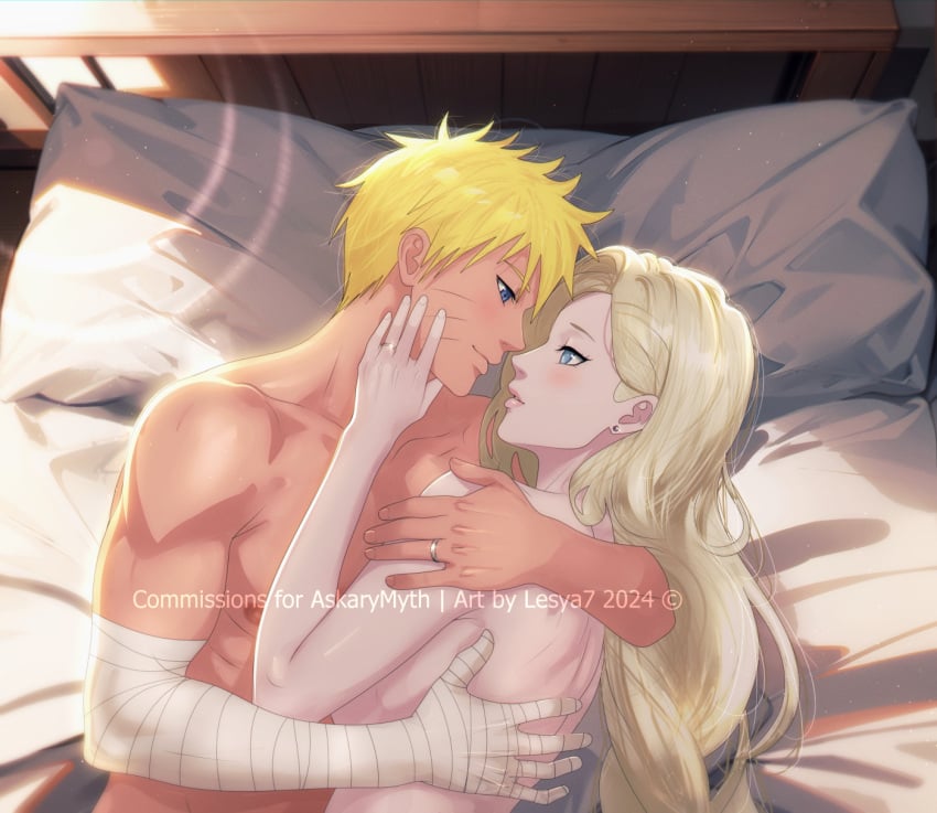 1boy 1girls after_sex bandaged_arm big_breasts blonde_hair blue_eyes blush boruto:_naruto_next_generations breasts cuddling female highres hug imminent_kiss ino_yamanaka lesya7 light_blue_eyes long_hair looking_at_another lying_on_bed lying_on_side male naruto naruto:_the_last naruto_(series) naruto_shippuden nude romantic romantic_couple short_hair straight under_covers upper_body uzumaki_naruto very_long_hair watermark wedding_ring whisker_markings whiskers yellow_hair