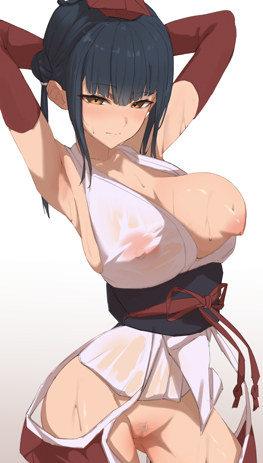 absurdres armpits arms_behind_head bare_shoulders black_hair breasts bridal_gauntlets censored closed_mouth commission contrapposto cowboy_shot detached_pants double_bun elbow_gloves female gloves hair_bun half-closed_eyes hat highres japanese_clothes kaekae_kaeru kimono large_breasts long_hair looking_at_viewer mosaic_censoring nijisanji nipples obi one_breast_out presenting_armpit pubic_hair pussy red_gloves red_headwear sash see-through simple_background skeb_commission sleeveless sleeveless_kimono solo sweat tokin_hat virtual_youtuber white_background white_kimono yamagami_karuta yamagami_karuta_(1st_costume) yellow_eyes