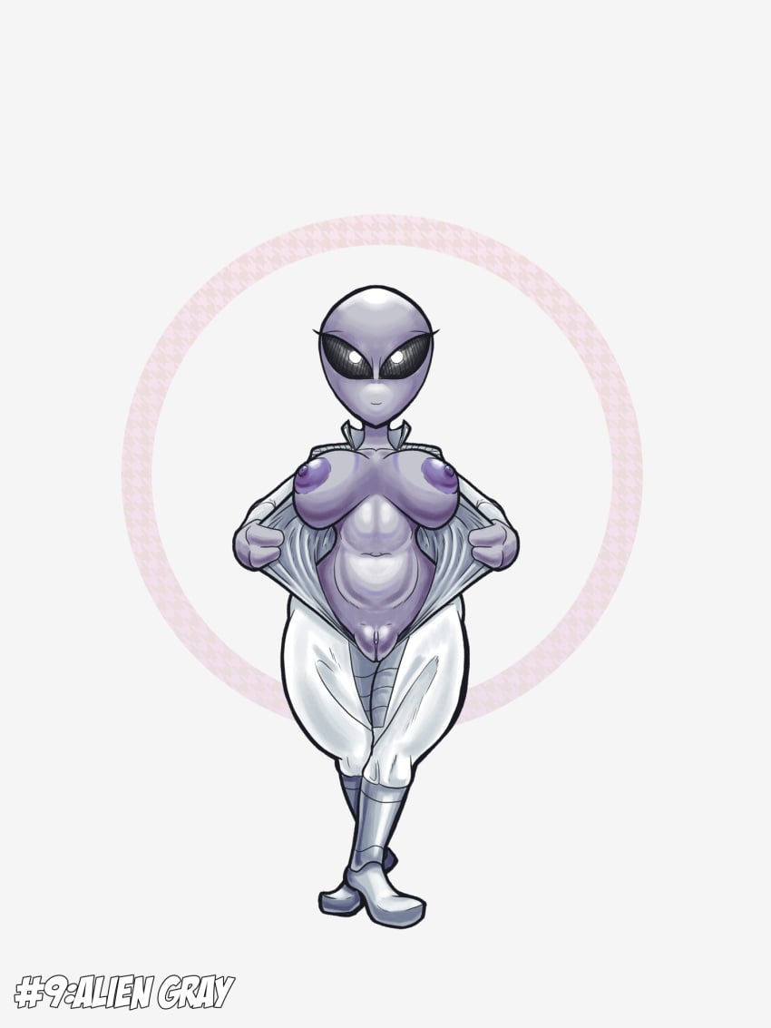 1girls alien alien_girl alien_humanoid alien_only american_mythology big_breasts bodysuit breasts classic_alien clothing crossed_legs female female_only fours_(artist) genitals grey_alien grey_body grey_skin hi_res humanoid looking_at_viewer monster_girl mythology nipples north_american_mythology plump_labia presenting public_domain pulling_clothing purple_nipples pussy roswell_grey shortstack skinsuit solid_eyes solo tight_clothing undressing urban_legend