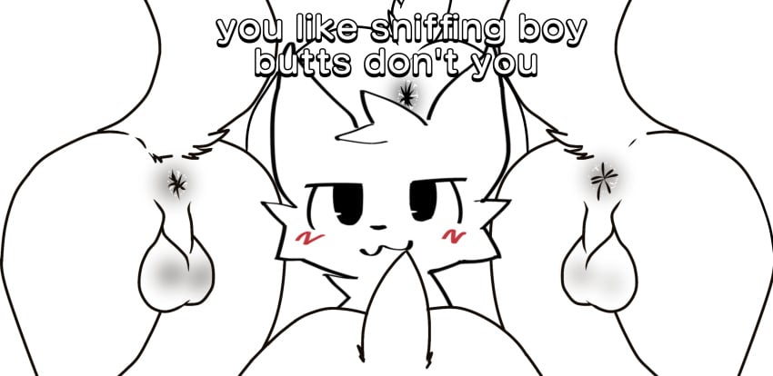 anthro anus balls bent_over boy_kisser_(meme) butt_sniffing english_text genitals group hi_res male male/male meme presenting silly_cat_(mauzymice) sniffing yogurt69