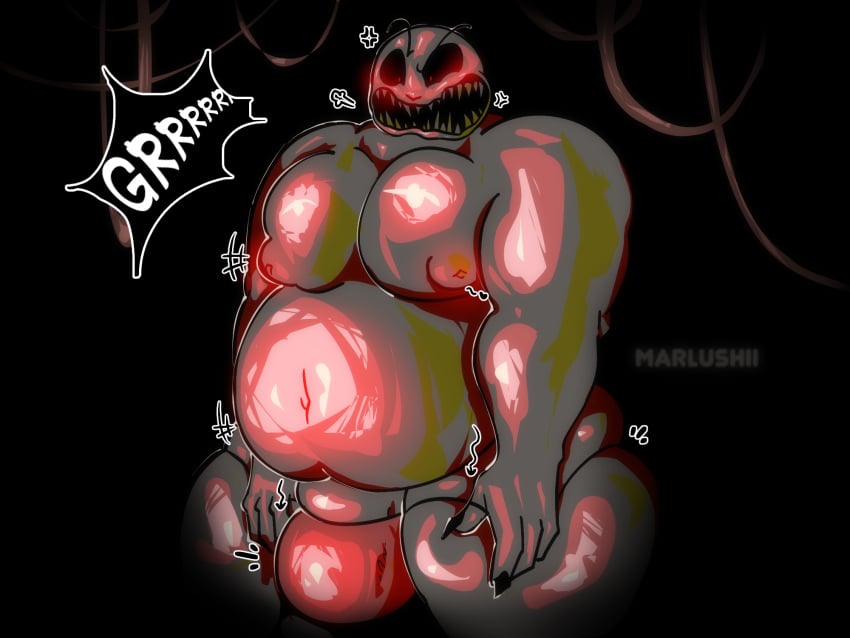 1boy big_ass big_penis blush buckshot_roulette chubby chubby_belly chubby_male dealer_(buckshot_roulette) demon devil fat_ass fat_man game male male_only marlushii monster nipples text thick_thighs thong video_games