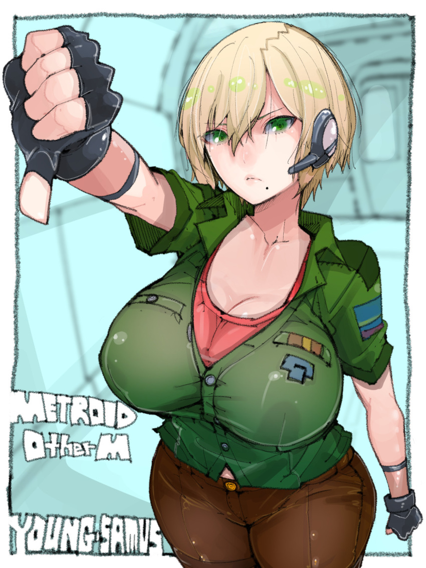 black_gloves blonde_hair breasts character_name copyright_name cowboy_shot english_text female fingerless_gloves gloves green_eyes hair_between_eyes headset highres indoors large_breasts looking_at_viewer metroid metroid_other_m military mole mole_under_mouth samus_aran shirt short_hair solo takayama_toshinori thumbs_down uniform