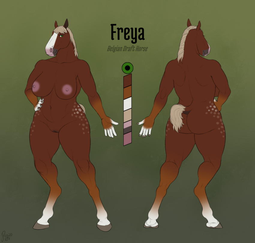 anthro ass big_breasts breasts brown_body brown_fur draft_horse equid equine female freya_(stormwolf) fur genitals hand_on_hip hi_res hooves horse mammal mane model_sheet nude pig_(artist) pussy solo standing wide_hips