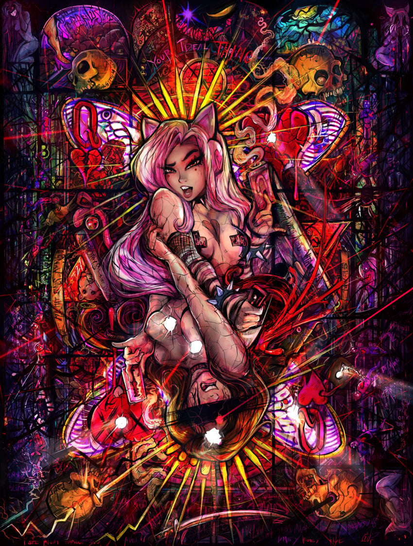 2girls areolae art artistic belle_delphine braces breasts cat_headphones condom_wrapper duct_tape female female_focus female_only headphones lips long_hair mural nipples nude pasties pink_hair real_person shadman small_breasts stained_glass streamer twitch.tv wallpaper_worthy