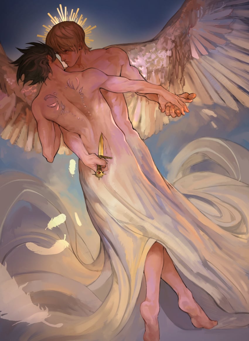 2boys angel babeyxiao betrayal clothing_skin color cut_lines cutting death_note feathered_wings feathers gown holding_hands knife l_lawliet light_yagami male/male male_only no_visible_genitalia nude_male painterly renaissance_painting-esque wings yaoi