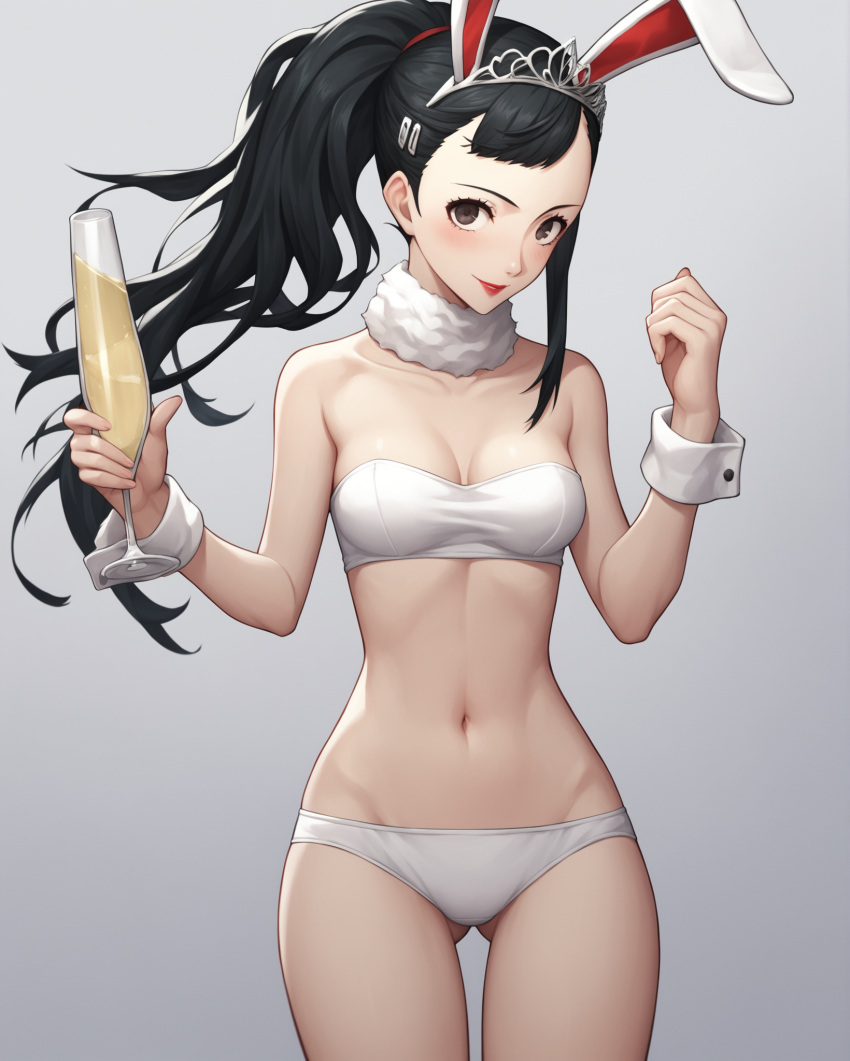 1girls ai_generated bare_arms bare_shoulders blush breasts brown_eyes brown_hair bunny_ears champagne champagne_glass cleavage cognitive_shiho collarbone detached_cuffs fake_animal_ears female fur_collar gluteal_fold high_school_student hips holding_glass lipstick long_hair looking_at_viewer navel notreallyhere panties persona persona_5 playboy_bunny ponytail shiho_suzui solo standing thigh_gap tiara tubetop