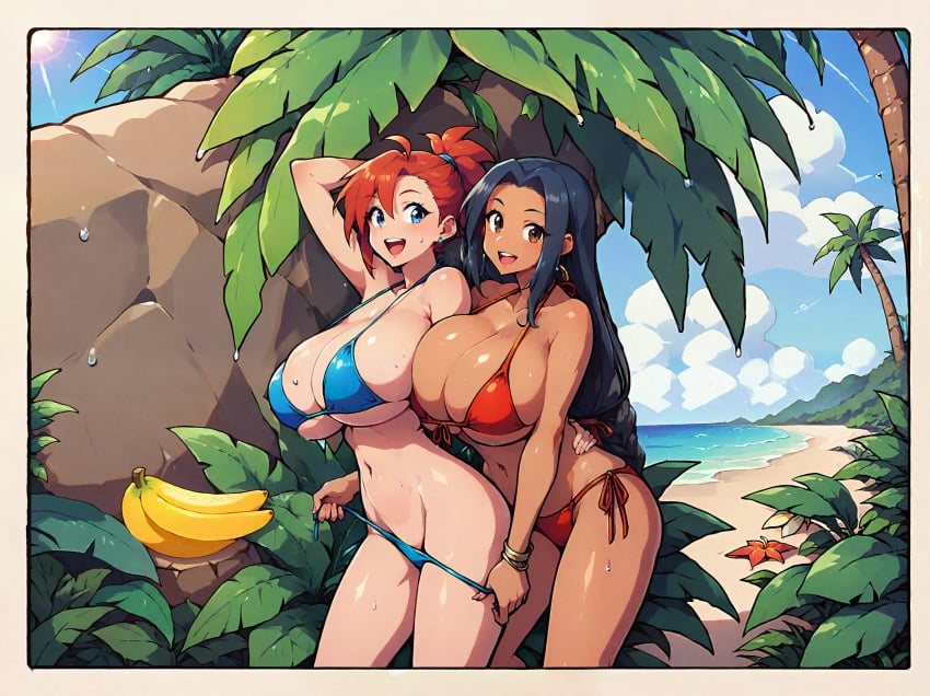 2girls ai_generated banana beach bikini bikini_pull black_hair blue_eyes brown_eyes dark_skin huge_breasts jungle light_skin red_hair side_tie_bikini sunny urusan wet_skin