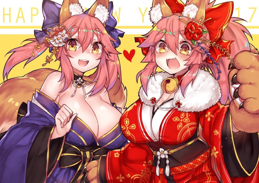 2girls big_breasts blush cleavage fate/extra fate/grand_order fate_(series) fox_ears fox_girl fox_tail hair_ornament hair_ribbon huge_breasts kimono looking_at_viewer new_year osiimi pale-skinned_female pale_skin pink_hair ponytail tamamo_cat tamamo_no_mae_(fate) yellow_eyes