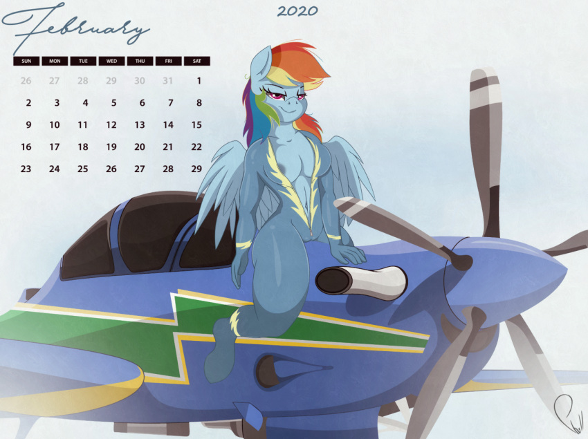 aircraft airplane anthro anthrofied areola areola_slip breasts calendar_(medium) camel_toe cleavage clothed clothing equid equine february_(month) female friendship_is_magic hasbro mammal my_little_pony phylloaurea pterippus rainbow_dash_(mlp) tight_clothing unzipped wings zipper