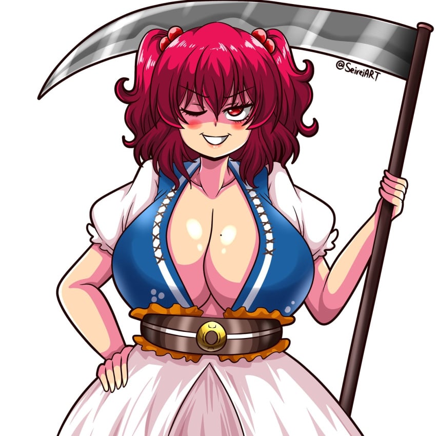 1girls artist_name big_breasts breasts cleavage clothed_female female female_only grin komachi_onozuka light-skinned_female mole_on_breast one_eye_closed red_cheeks red_eyes red_hair scythe seireiart solo solo_female teeth touhou twintails watermark white_background wink