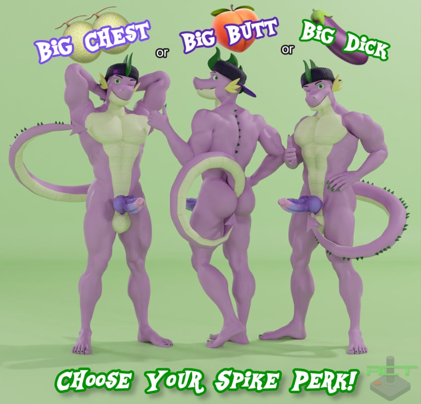 3d_(artwork) animal_genitalia anthro balls claws digital_media_(artwork) dragon english_text erection friendship_is_magic genitals gesture group hand_gesture hands_behind_head hasbro hi_res male male_only my_little_pony mythological_creature mythological_scalie mythology nude penis plantigrade pointing pointing_at_penis pointing_at_self ray_cyber_tech_(artist) scalie simple_background smile spike_(mlp) tail text thumbs_up trio