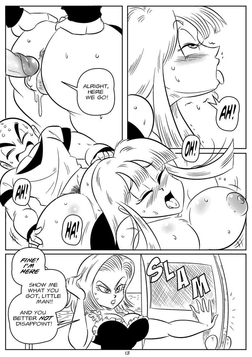 1boy 1girls 2girls after_oral ahe_gao android android_18 aqua_hair ass bald big_penis blue_eyes blue_hair breasts busty butt caught_in_the_act cheating cheating_husband comic comic_page dat_ass dialogue doggy_style dragon dragon_ball dragon_ball_z english_text ex-girlfriend female fringe from_behind from_behind_position funsexydragonball glassfish hourglass_figure human humanoid krillin kuririn long_penis male maron midget monochrome page_13 panels penetration petite pleasure_face pussy_juice sex short_hair shorter_male shounen_jump size_difference speech_bubble straight surprise_visit taller_girl tongue_out traditional_media_(artwork) vaginal_penetration veiny_penis voluptuous