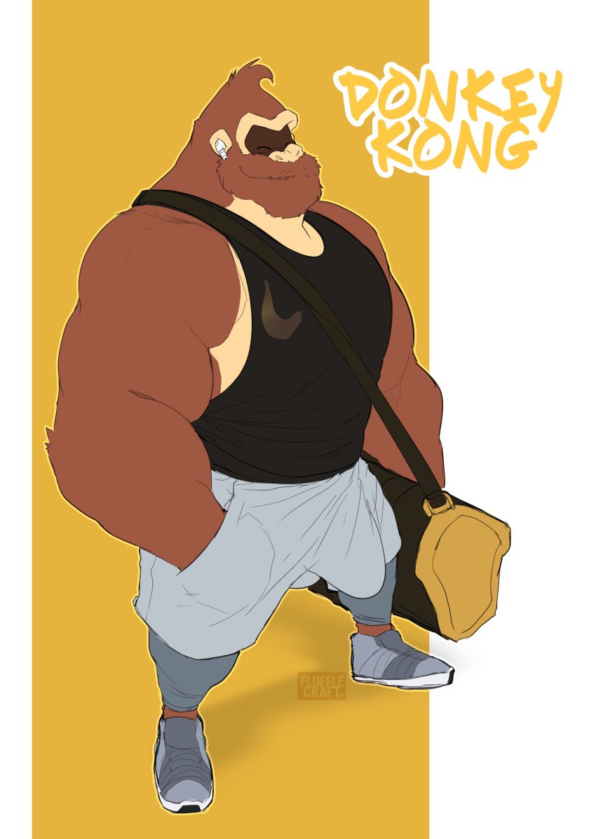 2020 absurd_res airpods anthro ape beard big_bulge bonicfan123 bottomwear bulge clothed clothing donkey_kong donkey_kong_(series) english_text erection erection_under_clothing facial_hair flufflecraft footwear gym_bag hand_in_pocket haplorhine hi_res male male_only mammal muscular muscular_anthro muscular_male nintendo pockets primate shirt shoes shorts simple_background smile solo standing tank_top text topwear video_games white_background yellow_background