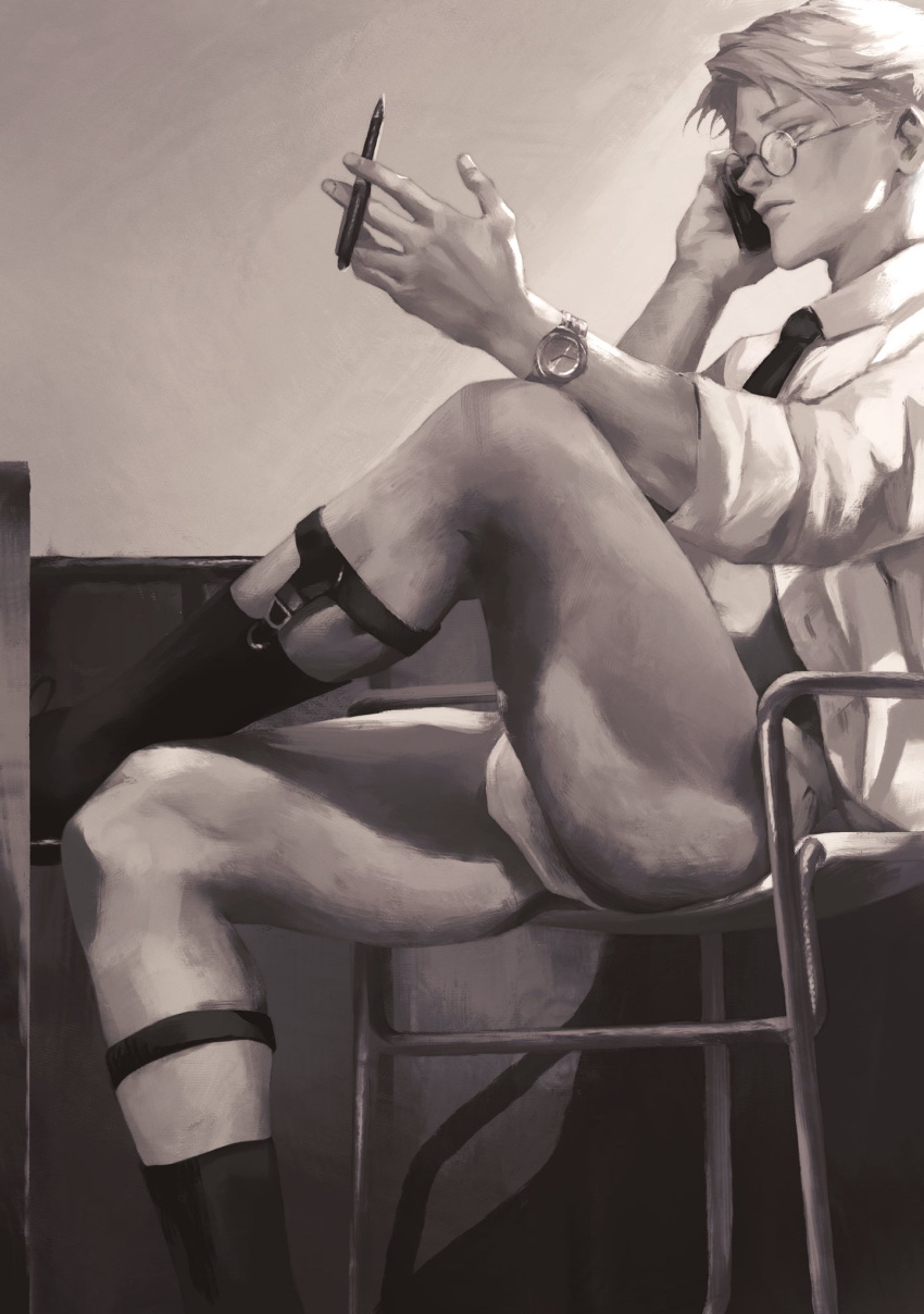 1boy 3aem black_and_white casual garter_straps glasses jujutsu_kaisen kento_nanami legs male male_focus male_only monochrome muscular muscular_thighs on_chair on_phone pen phone phone_call sleeves_pushed_up sock_garters socks solo solo_focus solo_male underwear watch