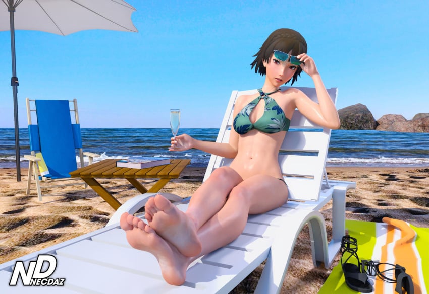 1girls 3d bare_shoulders barefoot beach bikini breasts brown_hair eyewear_on_head feet female female_only foot_fetish glasses_on_head legs looking_at_viewer makoto_niijima navel necdaz91 outside persona persona_5 persona_5_scramble:_the_phantom_strikers pov_feet red_eyes short_hair sitting soles solo sunglasses sunglasses_on_head sunglasses_removed swimsuit toes water