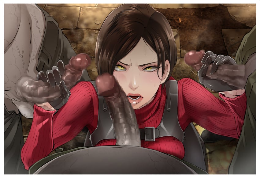 1girls 3boys ada_wong black_hair butcha-u censored female female_focus las_plagas looking_at_viewer pale-skinned_female pale_skin resident_evil resident_evil_4 resident_evil_4_remake short_hair yellow_eyes