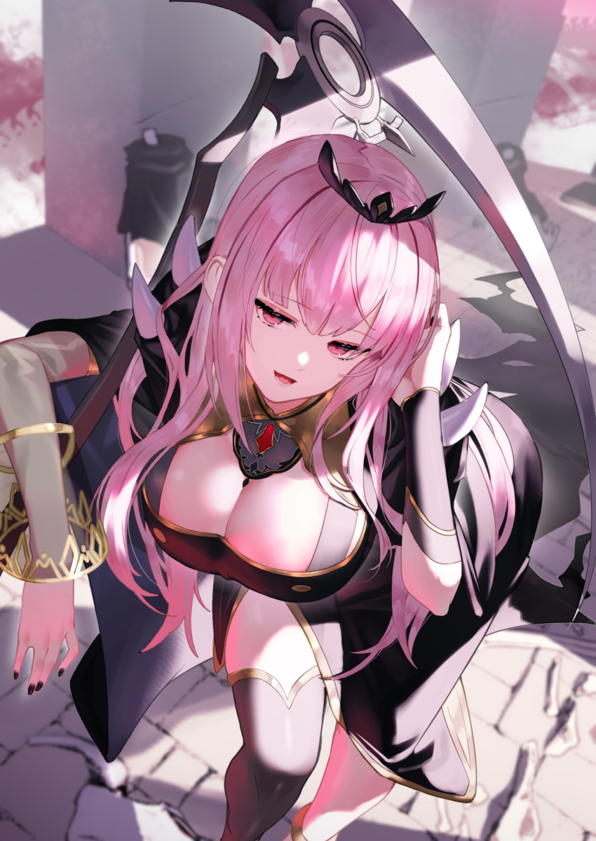 1girls background big_ass big_breasts black_nail_polish black_nails cleavage detailed_background female hololive hololive_english hololive_myth long_hair looking_at_viewer mori_calliope nail_polish pink_eyes pink_hair scythe stockings sukocchi tagme thick_thighs veil virtual_youtuber voluptuous vtuber