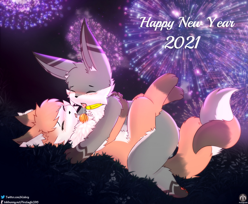 2021 anthro bell bodily_fluids canid canine closed_eyes collar duo female fireworks fox grass hi_res holidays iradeon lying male mammal missionary_position new_year nia_(senz) on_back paws plant saliva saliva_on_tongue saliva_string sean_(senz) senz sex straight tongue tongue_out wrapping_tails