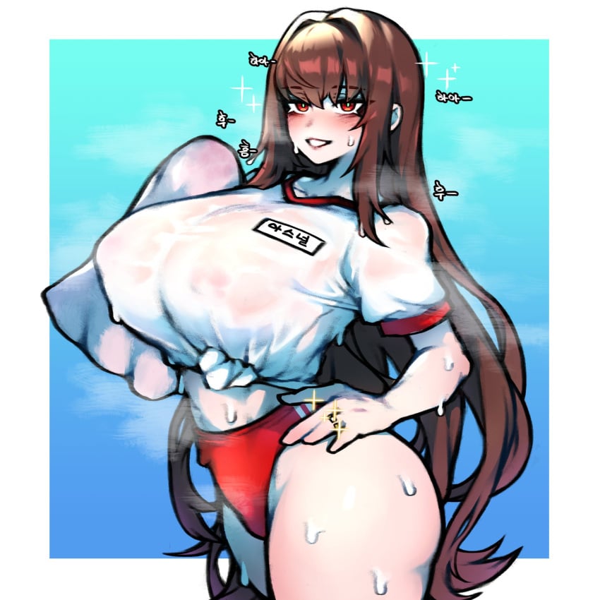 babo big_breasts blush brown_eyes brown_hair curvy eyeshadow female gym_uniform hand_on_hip huge_breasts last_origin long_hair looking_at_viewer pale-skinned_female pale_skin ring royal_arsenal shorts sweat sweaty sweaty_clothes towel wedding_ring