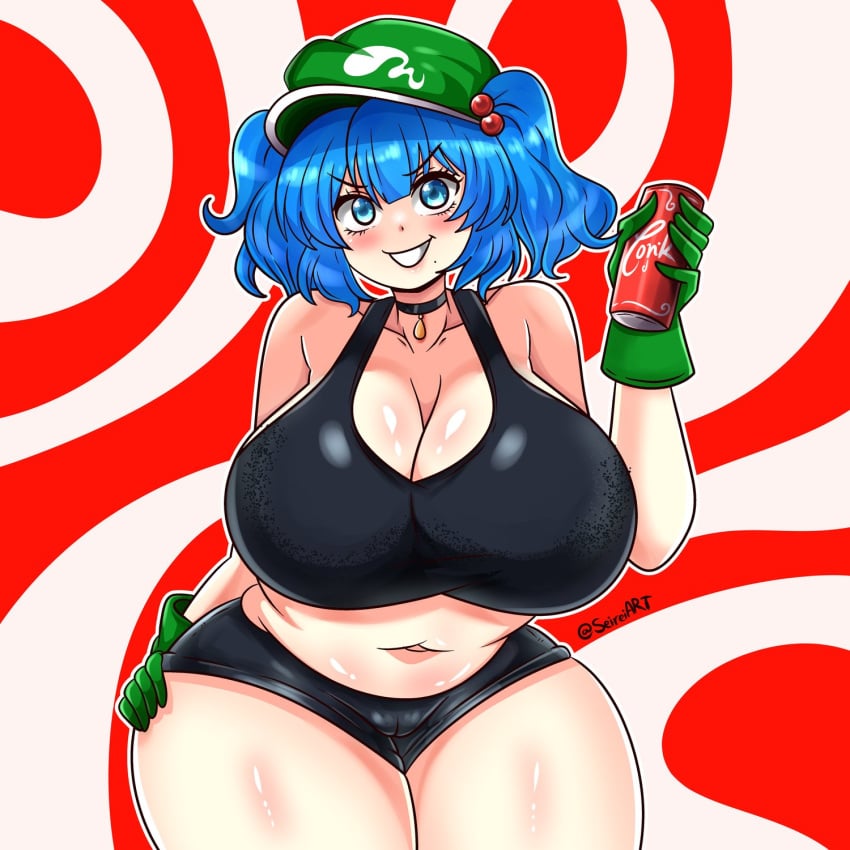 1girls artist_name big_breasts blue_eyes blue_hair breasts cleavage clothed_female coca-cola fat_thighs female female_only gloves grin hand_on_hip hat holding_drink japanese_mythology kappa light-skinned_female long_gloves mole_under_mouth monster monster_girl multicolored_background mythology nitori_kawashiro pink_cheeks public_domain seireiart shorts solo solo_female tank_top teeth thick_thighs thighs touhou twintails watermark yokai youkai