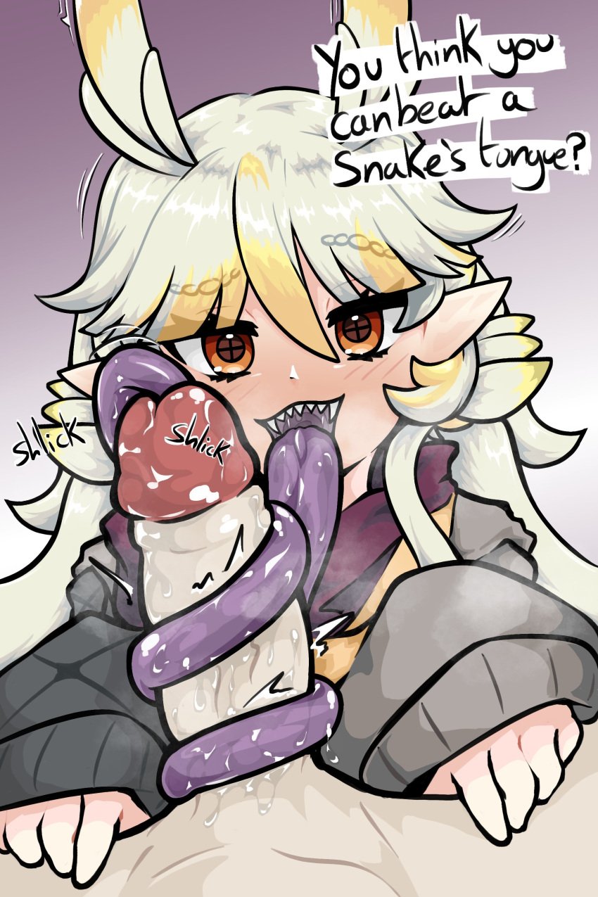 big_penis blonde_eyebrows blonde_female blonde_hair blonde_hair_female caloart30 fangs fangs_bared fangs_out feathers hoodie indie_virtual_youtuber large_penis nagi_quetzalli penis purple_insides purple_mouth purple_tongue reptile_girl scarf smug snake_girl snake_tongue tongue tongue_out tongue_wrap tonguejob two_colored_hair virtual_youtuber vtuber