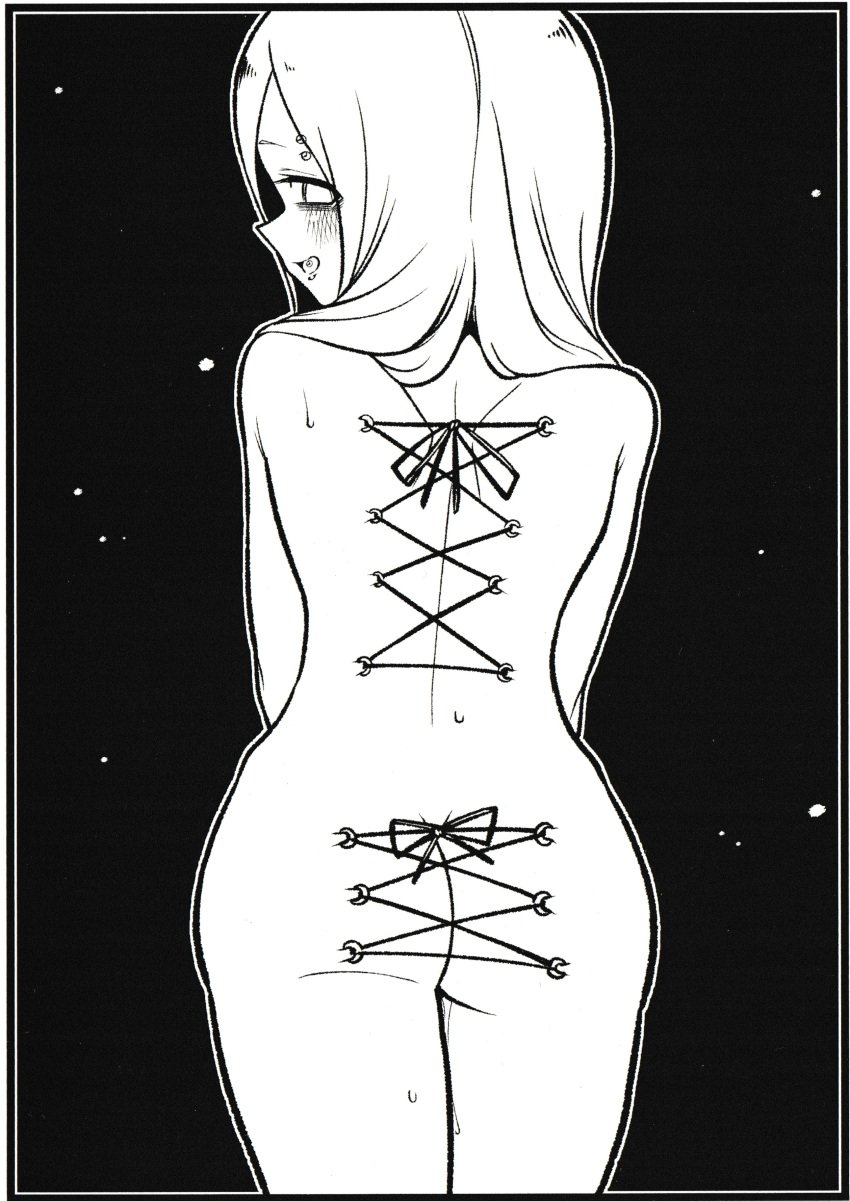 ass behind_view body_piercing completely_nude completely_nude_female corset_piercing looking_at_viewer looking_back mahou_shoujo_ni_akogarete monochrome official_art ononaka_akihiro piercing tada_randa