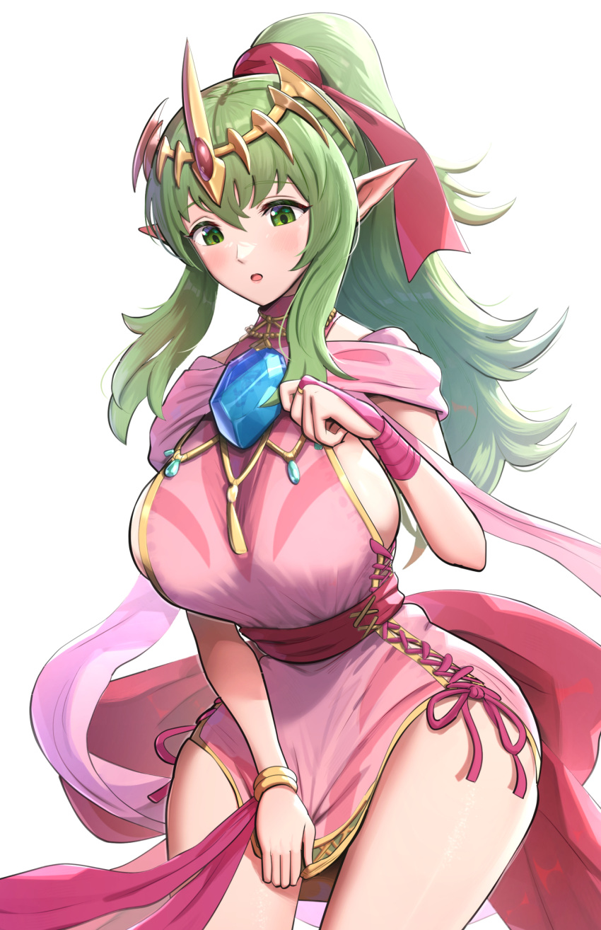 1girls absurdres alternate_costume bracelet breasts circlet confused covering dress female female_only fire_emblem fire_emblem:_mystery_of_the_emblem fire_emblem:_shadow_dragon_and_the_blade_of_light fire_emblem_awakening fire_emblem_heroes gonzarez green_eyes green_hair highres hourglass_figure jewelry large_breasts long_bangs long_hair nintendo official_alternate_costume open_mouth pink_dress pointy_ears ponytail pulling short_dress sideboob simple_background solo tiara tiki_(adult)_(fated_divinity)_(fire_emblem) tiki_(adult)_(fire_emblem) tiki_(fire_emblem) white_background wide_hips