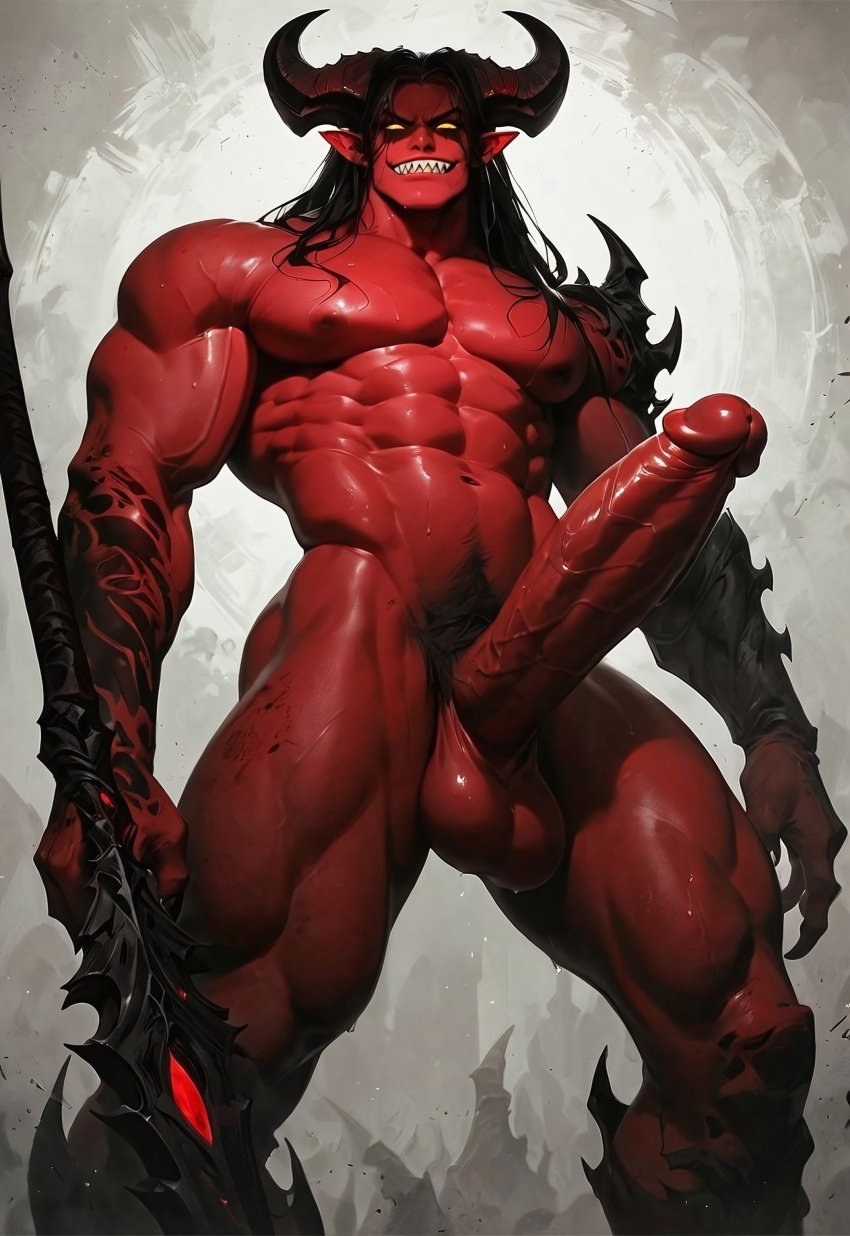 1demon 1male 1man abs ai_generated balls ballsack biceps big_balls big_cock big_dick big_penis big_testicles black_hair cock deltoids demon devilworship dick horns huge_balls huge_cock huge_dick huge_penis huge_testicles hyper_cock hyper_dick hyper_penis jagged_teeth large_balls large_cock large_dick large_pectorals large_penis large_testicles male male_nipples male_only massive_penis nipples pecs pectorals penis pointy_ears pov_crotch red_body red_skin smile smiling smiling_at_viewer sweat sweaty sweaty_body testicles vein veins veiny_muscles veiny_penis