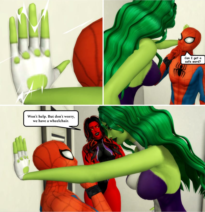 1boy 2girls big_breasts dialogue dialogue_box femdom green-skinned_female green_hair green_skin hulk_(series) long_hair male male/female marvel marvel_comics multicolored_hair pinned_to_wall pof3445 red-skinned_female red_she-hulk red_skin safe_word she-hulk sims4 speech_bubble spider-man spider-man_(series) straight superhero taller_girl text text_box yellow_eyes